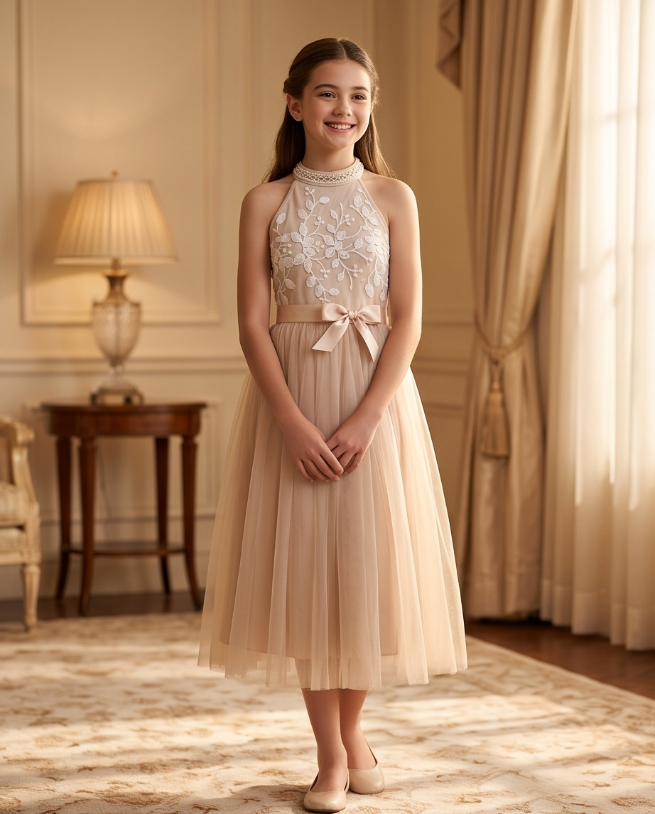 Detail view of embroidered bodice and satin waist bow