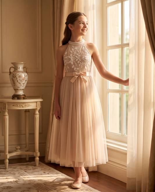 Ivory formal dress displayed on a dress form