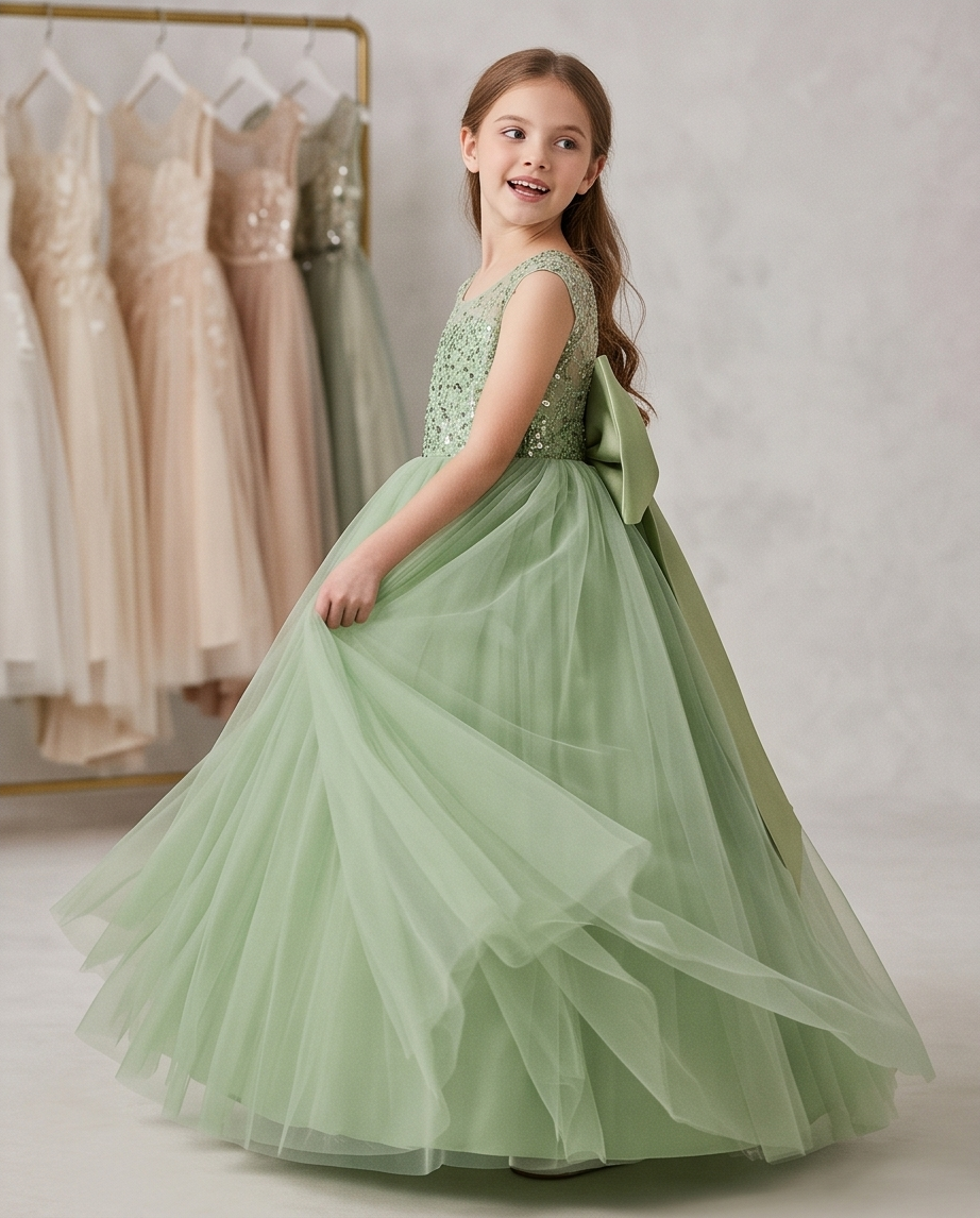 Close-up of sequin bodice and cap sleeves on sage green flower girl dress