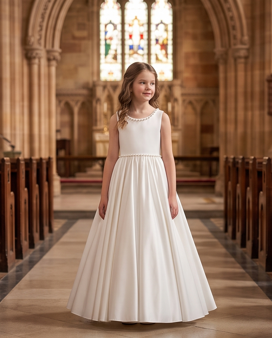 Front detail of white communion dress with pearl neckline