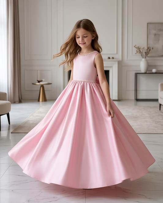 Back view of blush pink flower girl dress with large bow and pearl trim