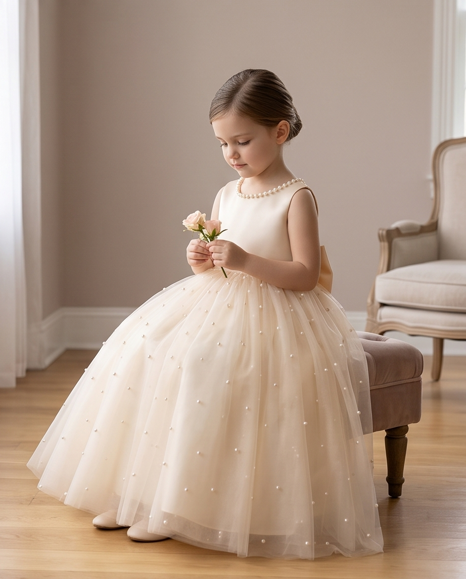 Girls Champagne Pearl Neckline Satin & Tulle Dress with V-Back Bow