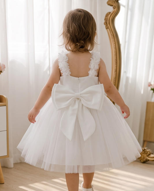 Back view with flower shoulder straps and large bow