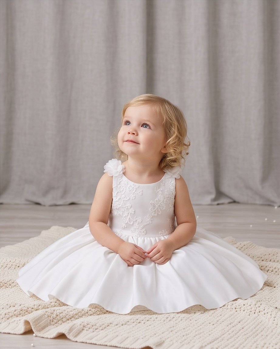Seated view of white floral flower girl dress
