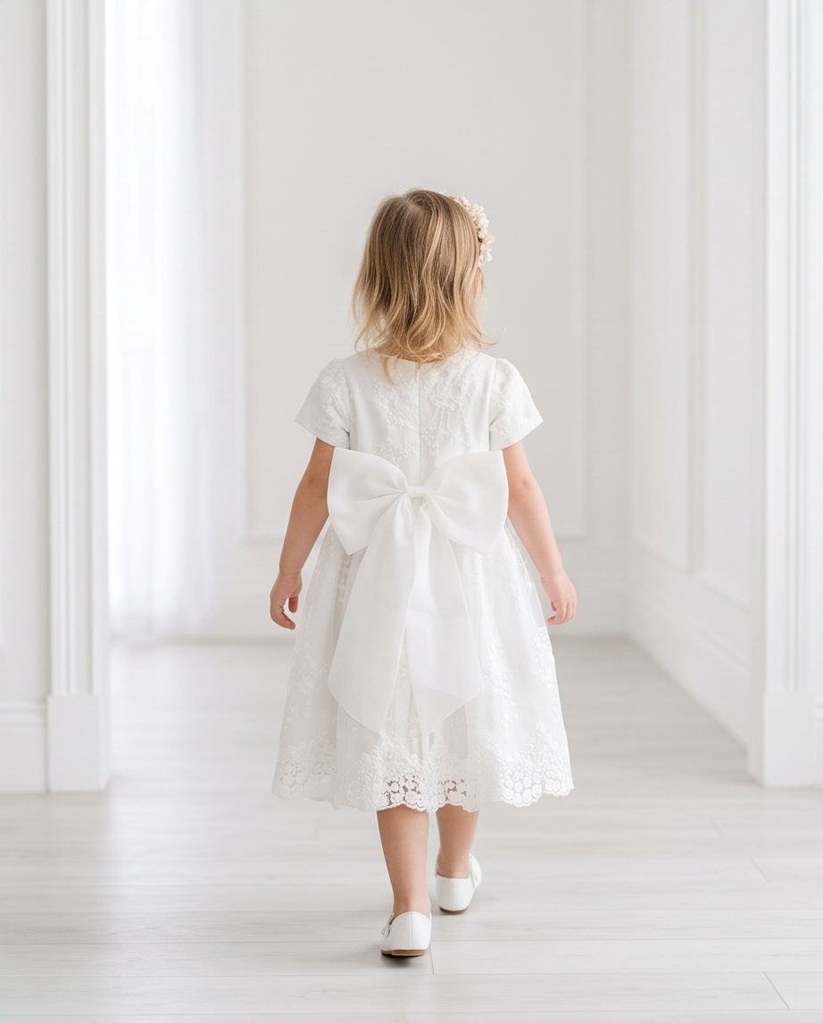 White Short Sleeve Floral Lace Flower Girl Dress – 2-3Y