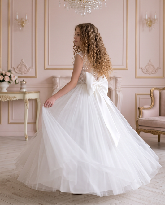 Girl wearing the Celestial Grace white communion dress with a sequin bodice, sheer neckline and full tulle skirt.