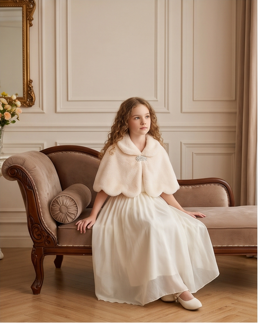Girls Ivory Scalloped Capelet with Sparkling Clasp