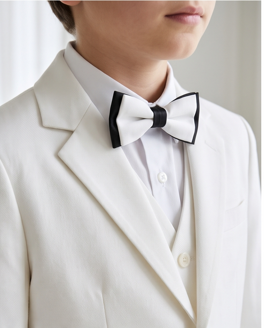 Boy seated wearing white formal suit with matching waistcoat and trousers
