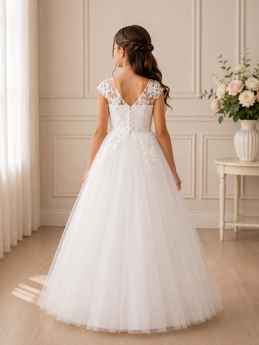 Girl in a white lace wedding dress standing in a room with light-colored walls and a vase of flowers on a table.