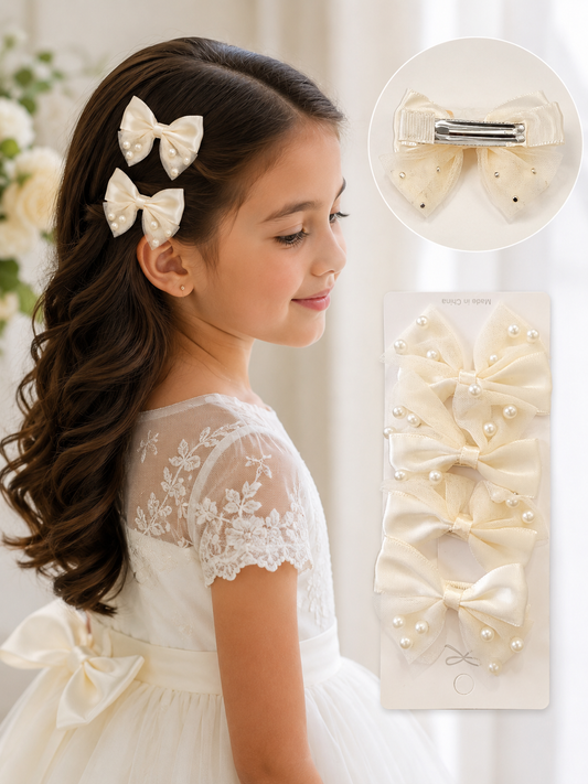 Young girl with decorative hair clips and a display of similar clips.