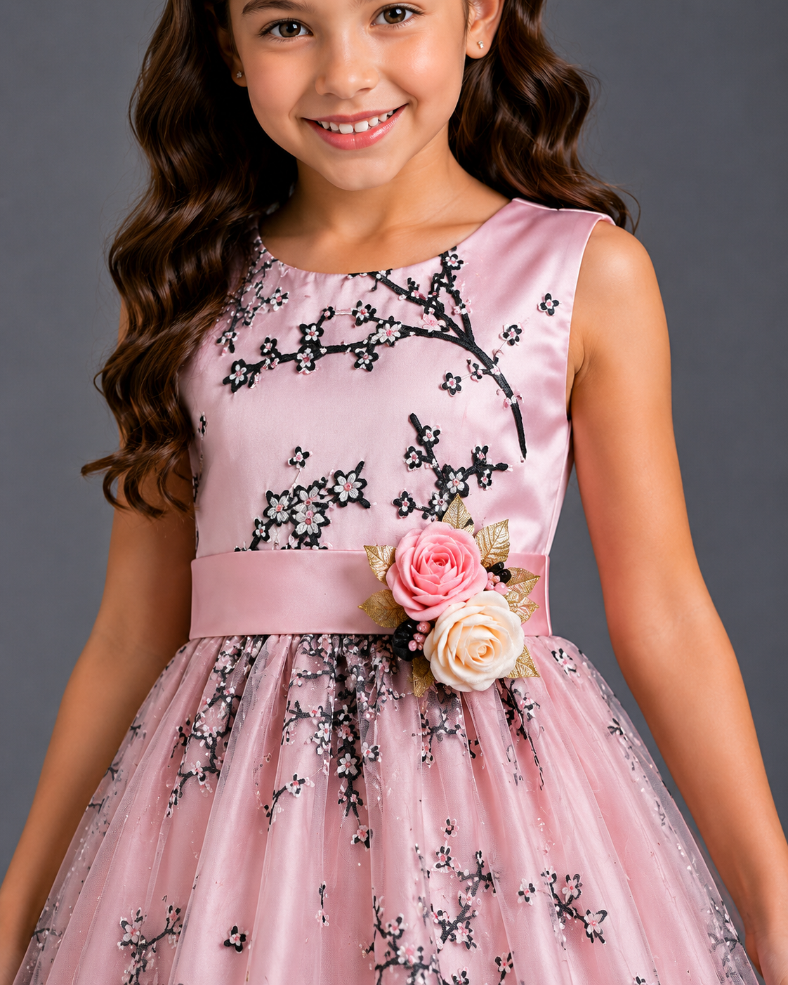 Young girl wearing a pink dress with floral details against a gray background