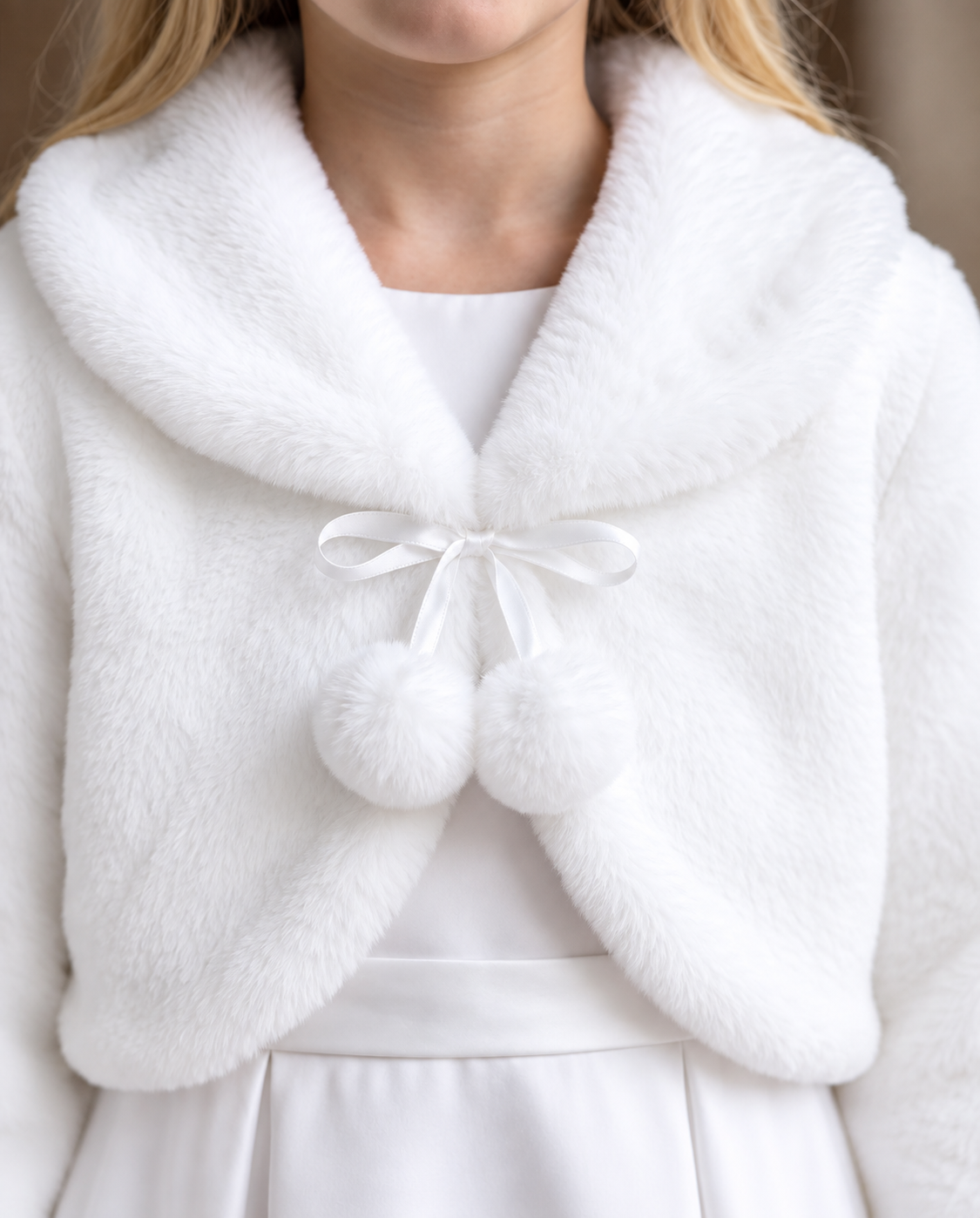 Girls White Faux Fur Bolero Jacket with Pom-Pom Tie | Communion & Special Occasion