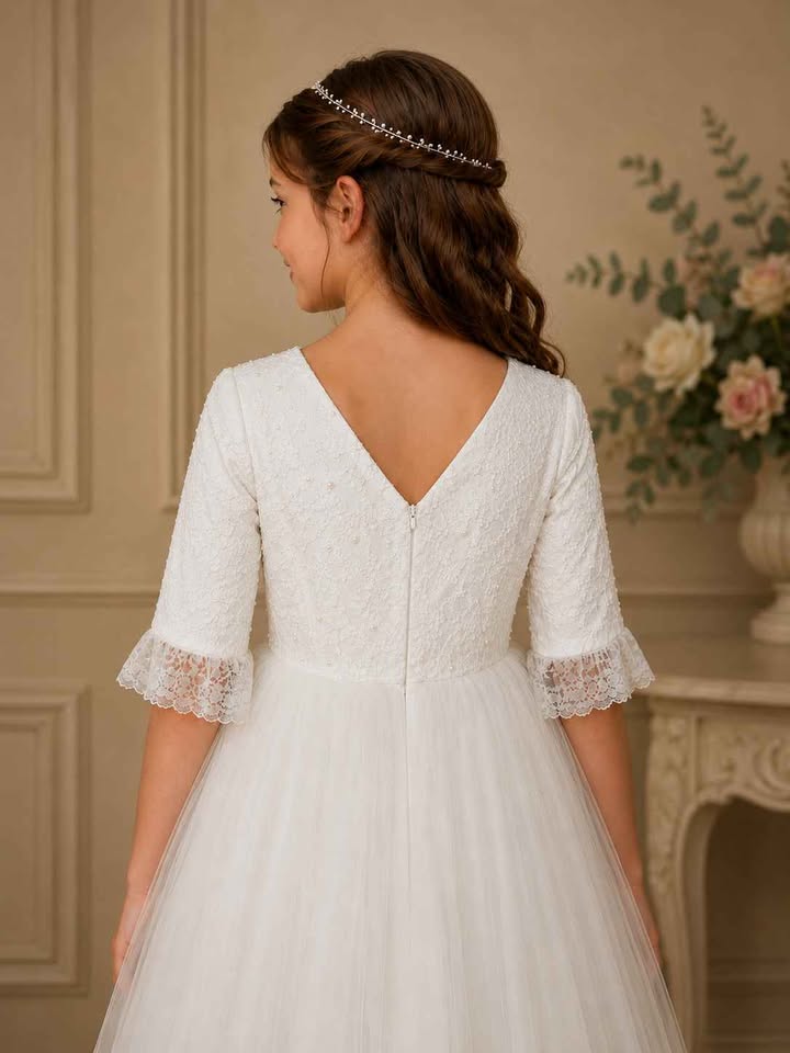 Young girl wearing a white lace dress with a floral background