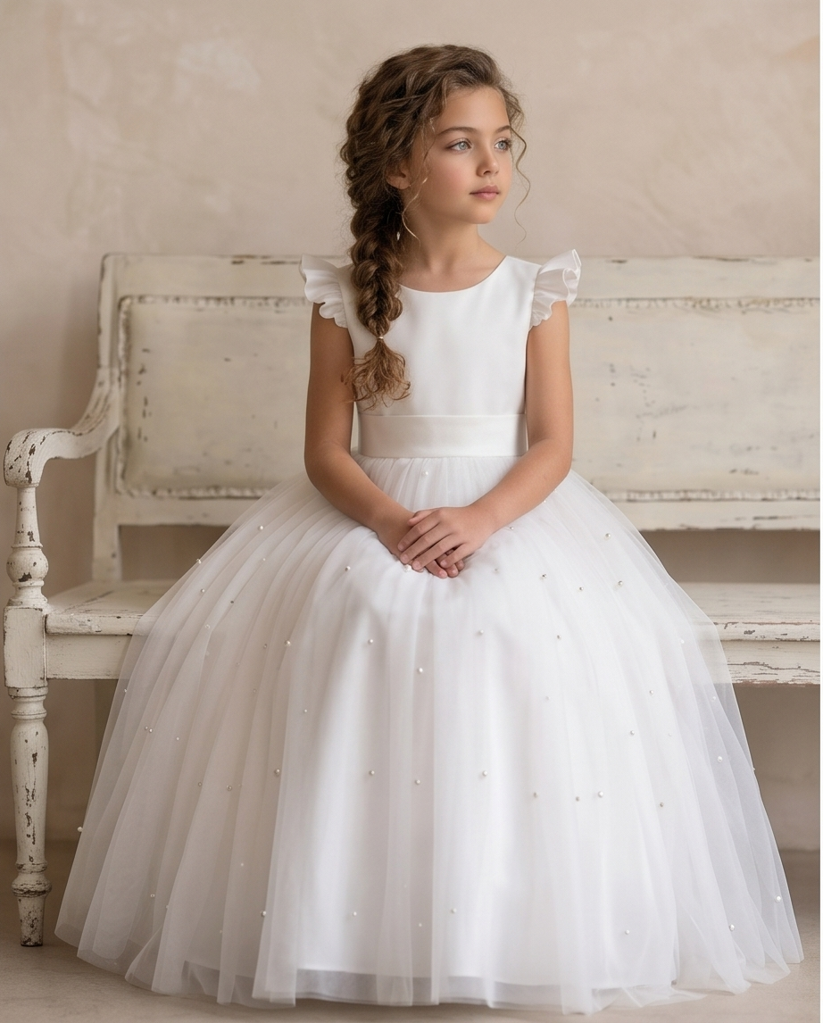 Elegant Pearl Tulle Communion Dress