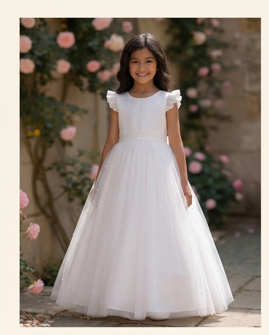 Young girl in a white dress standing in front of floral decorations.