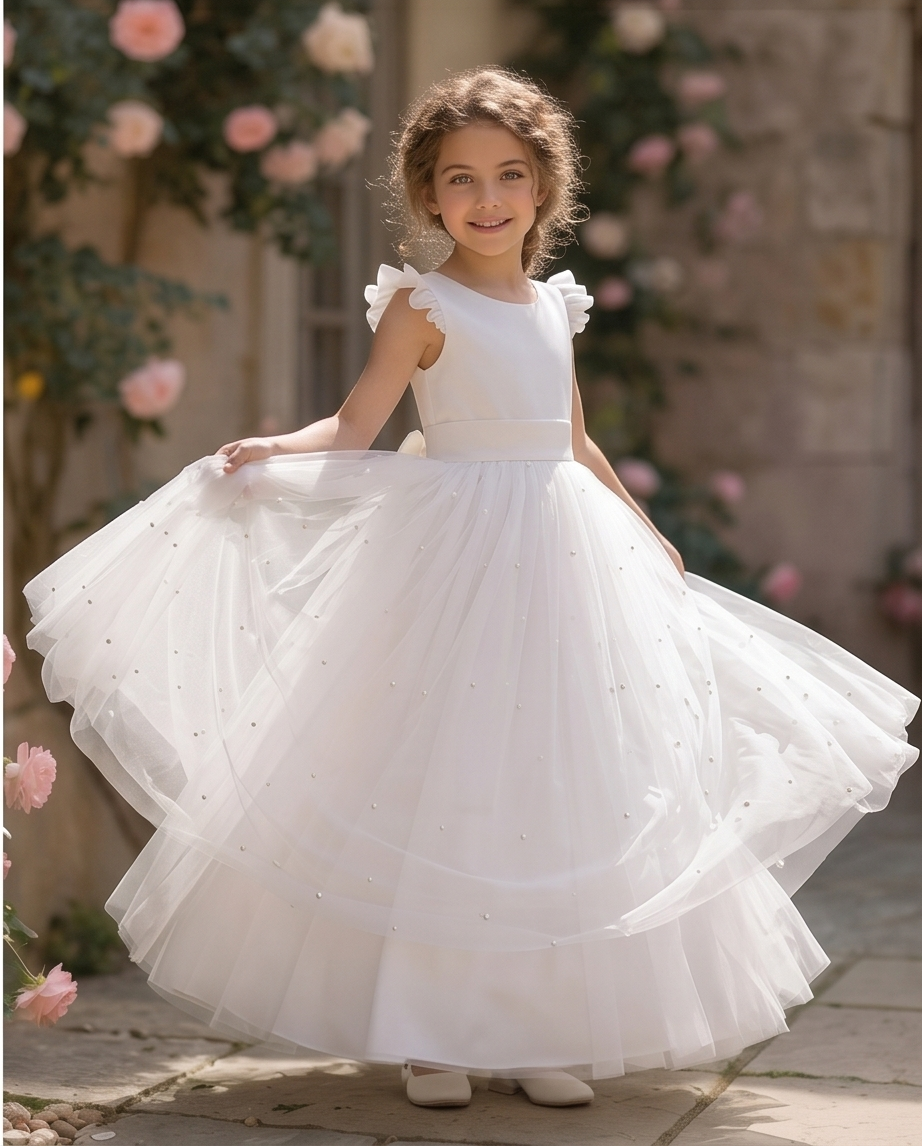 Young girl in a white dress standing outdoors with flowers and stone wall in the background