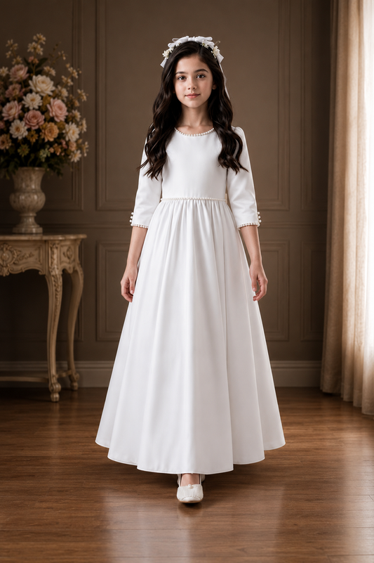 Young girl in a white dress standing in a room with wooden floor and floral decorations.