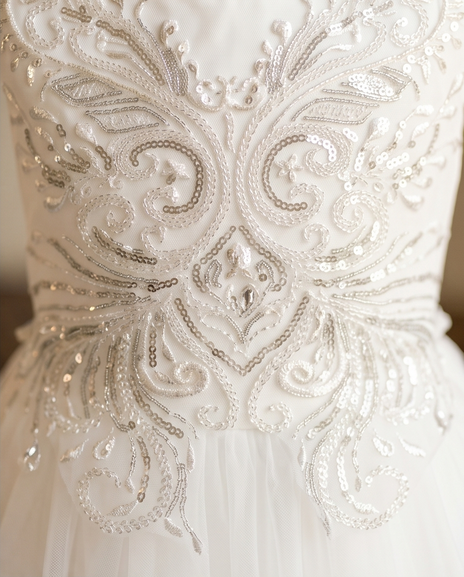 Girl wearing a white Tulle dress close up view