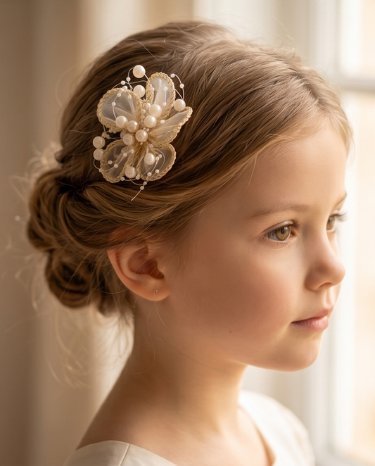 Young girl with a decorative hair clip in her hair, wearing a white top.