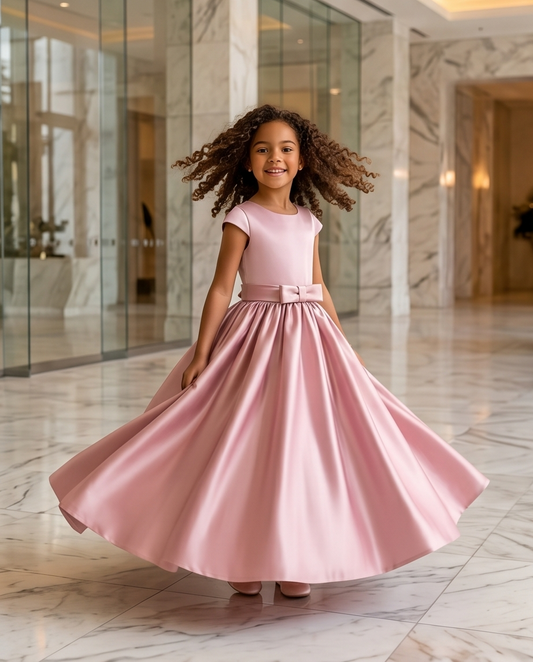 Young girl in a pink dress twirling in a marble lobby