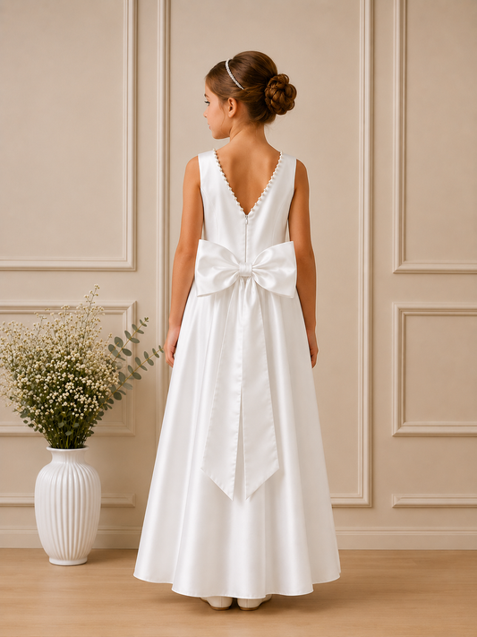 Young girl in a white dress standing in a room with decorative paneling and a vase of flowers.