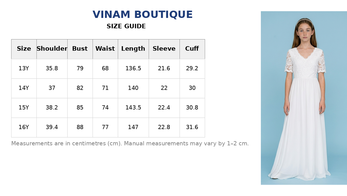 Girl wearing a short sleeve chiffon white dress with a size chart