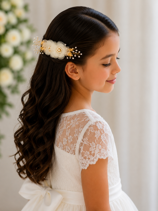 White Floral Pearl Hair Barrette with Crystal Accents