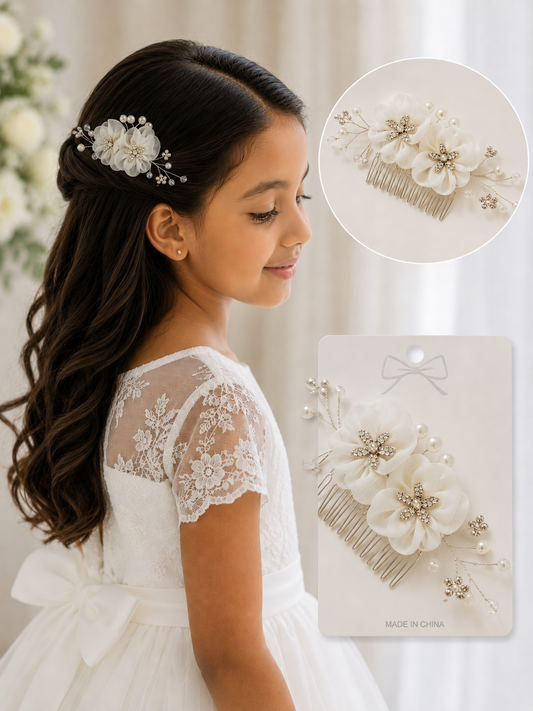 Young girl in a white dress with floral hair accessories and packaging.