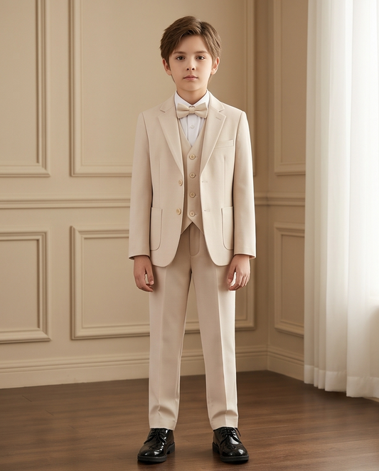 Boys’ Beige 4-Piece Formal Suit – Coat, Waistcoat, Trousers & Bow Tie