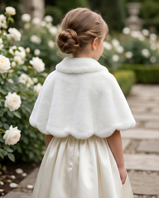 Young girl wearing a white fur shrug over a dress in a garden setting.