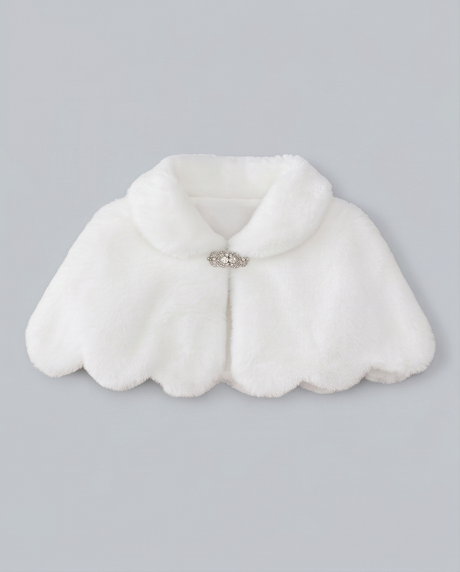 White fur shrug with a brooch on a gray background