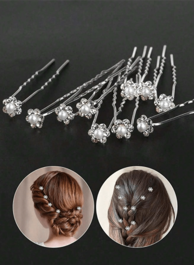 Silver pearl and rhinestone flower hair pins set on black background with styling inset images showing updo and braid hairstyles