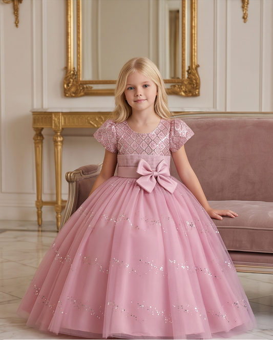 A young girl with blonde hair wearing a pink ball gown with a large bow at the waist, standing in a luxurious room with a pink sofa and gold mirror.