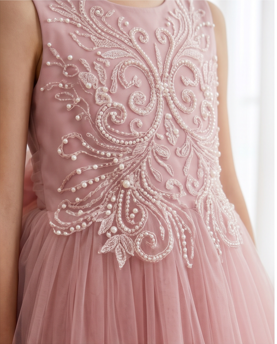 Elegant Dusty Pink Tulle Flower Girl Dress for Girls