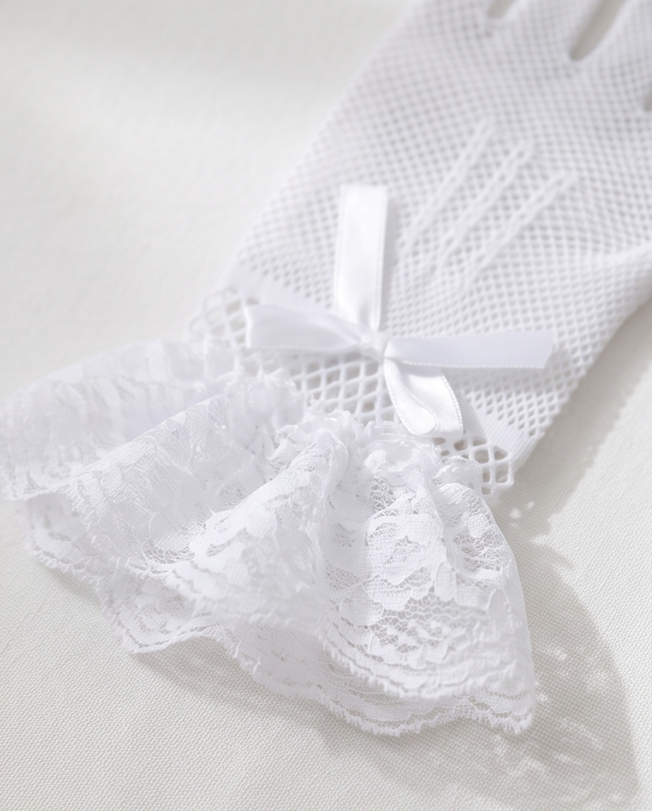 Girls’ White Mesh Communion Gloves with Lace Cuffs | 8–12 Years