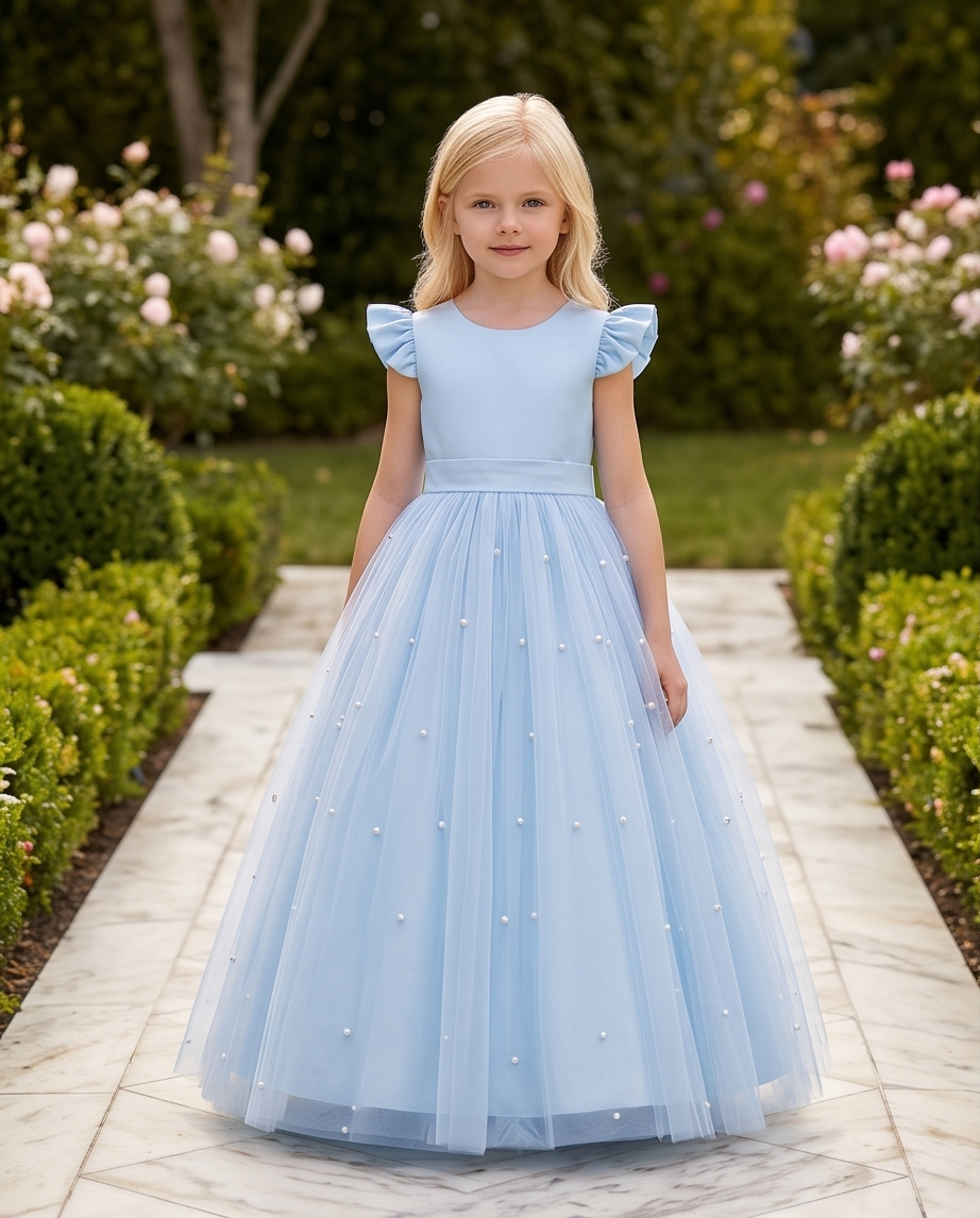 A young blonde girl stands on a stone pathway in a garden wearing a light blue formal dress with puffed cap sleeves, a fitted bodice, and a full tulle skirt decorated with small pearl-like accents.