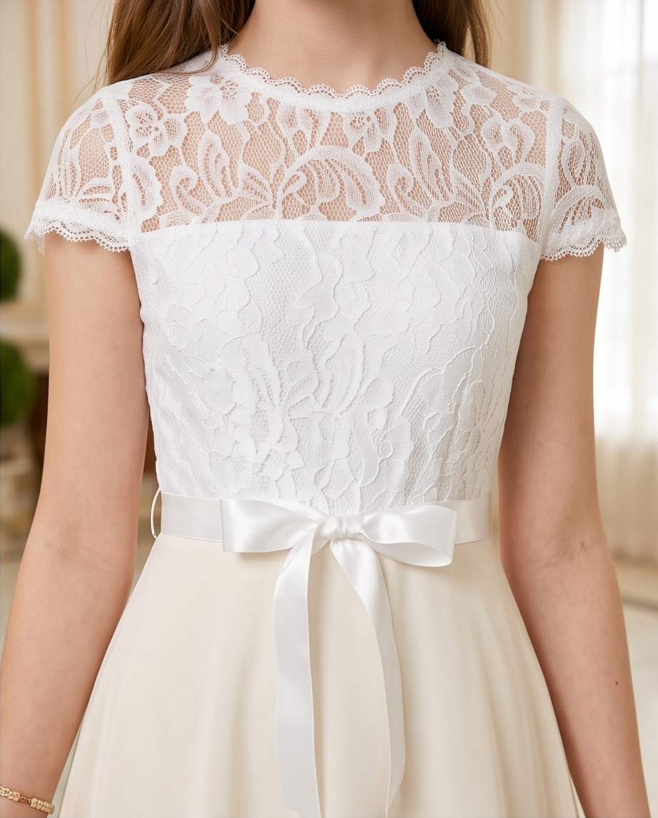 A close-up of a woman wearing a white lace short-sleeve top with a matching cream skirt and a white satin bow belt at the waist.