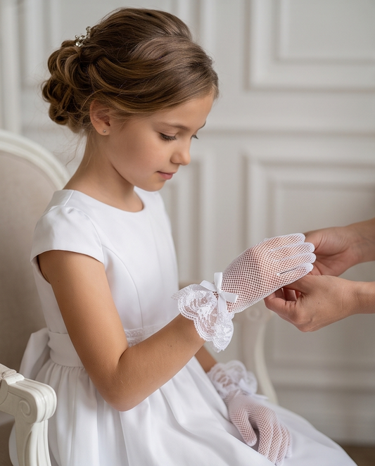 Girls’ White Mesh Communion Gloves with Lace Cuffs | 8–12 Years