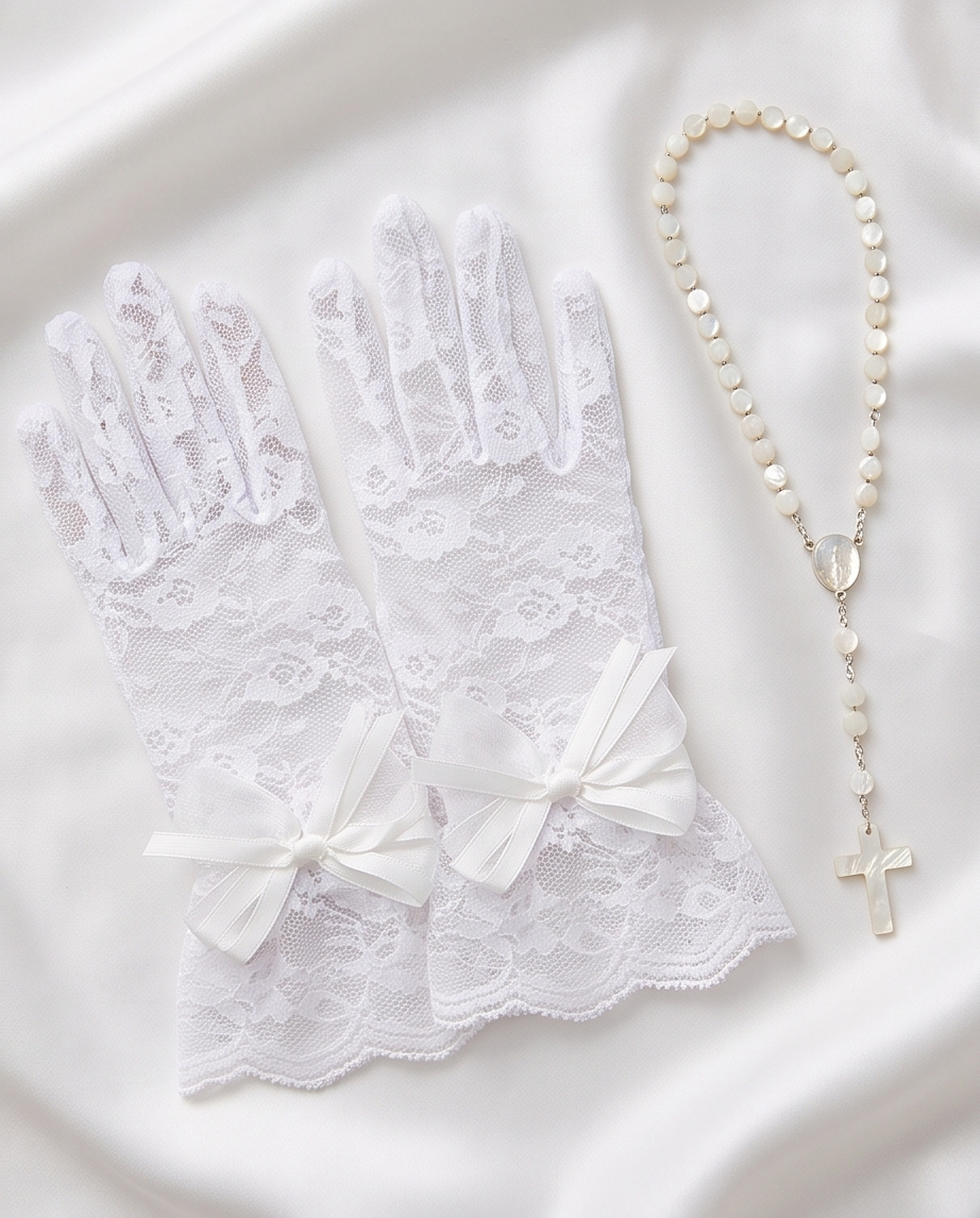 Girls’ White Lace Communion Gloves with Bows | 4–12 Years