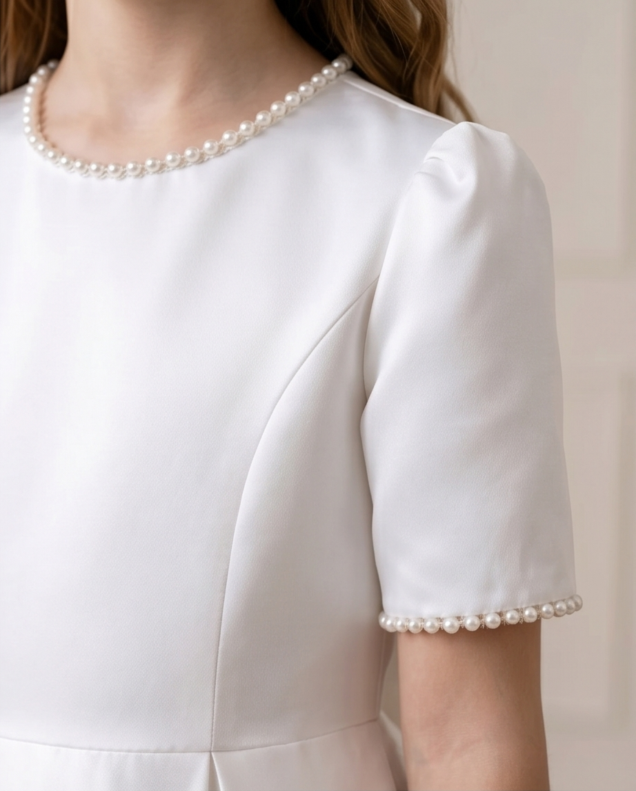 White dress with pearl details on a plain background