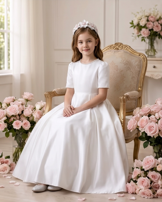 Young girl in a white dress sitting on an ornate chair surrounded by pink roses.