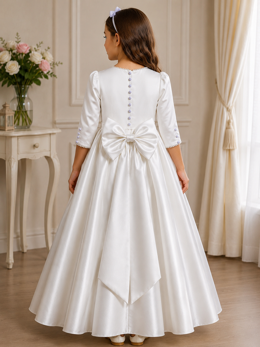 Girls Satin Communion Dress with Removable Bow | White First Holy Communion Dress | Flower Girl Dress | Vinam Boutique