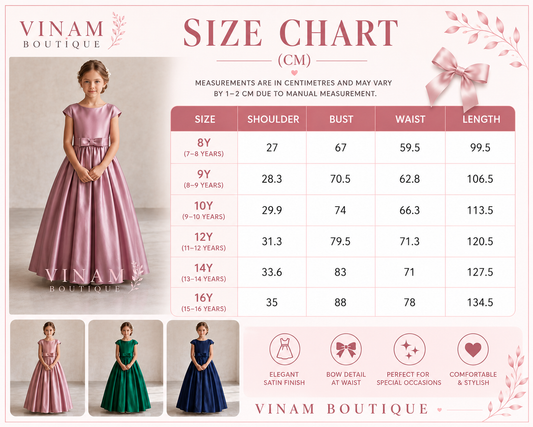 A pink and white size chart graphic for a girls' dress by Vinam Boutique, featuring a model wearing a pink gown, a central measurement table with height, shoulder, bust, waist, and length in centimeters, and smaller model photos along the bottom showing alternative dress colors.