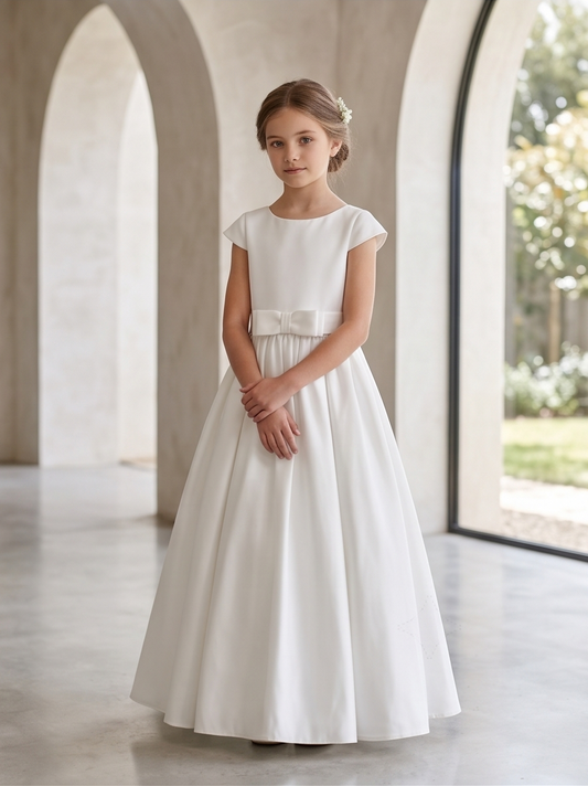Young girl in a white dress standing in a room with arched doorways.
