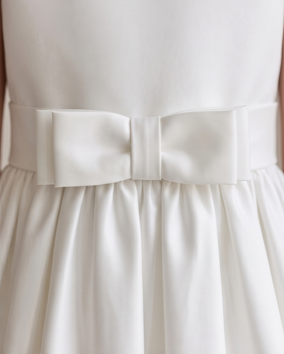 White dress with a large bow detail on a plain background