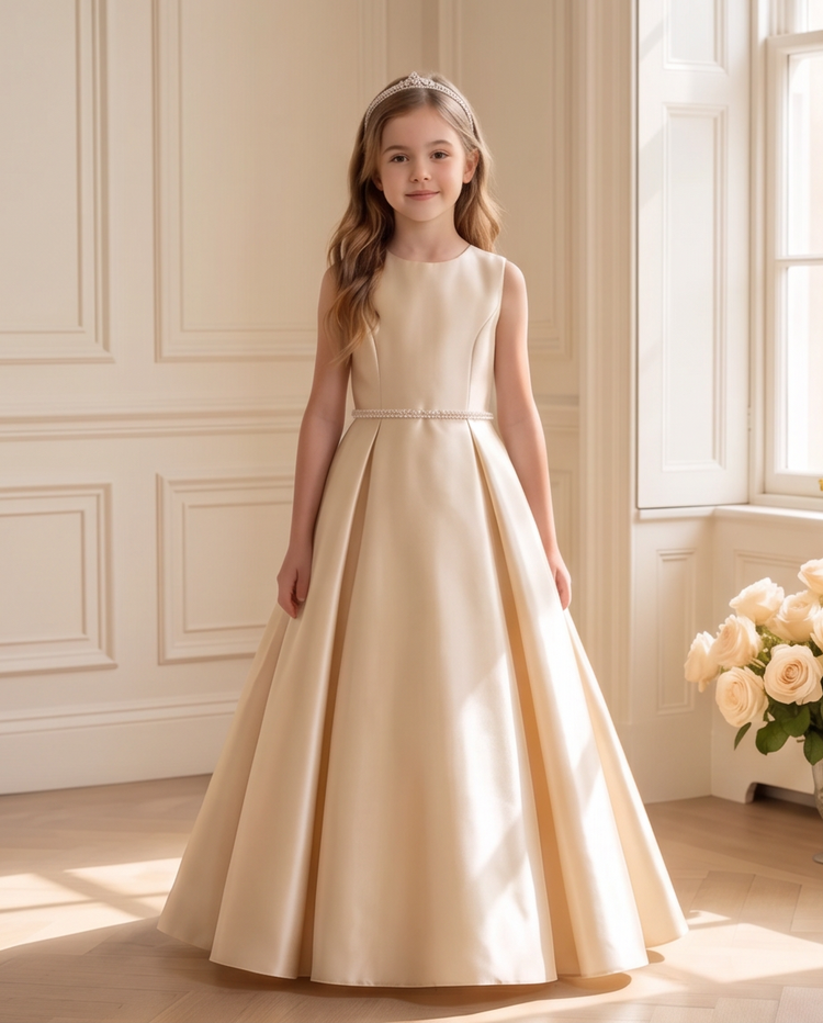 A young girl stands in a sunlit room wearing a sleeveless cream satin ball gown with a fitted waist and full skirt. The room has cream paneled walls, a light wood floor, and a bouquet of pale roses near the window.