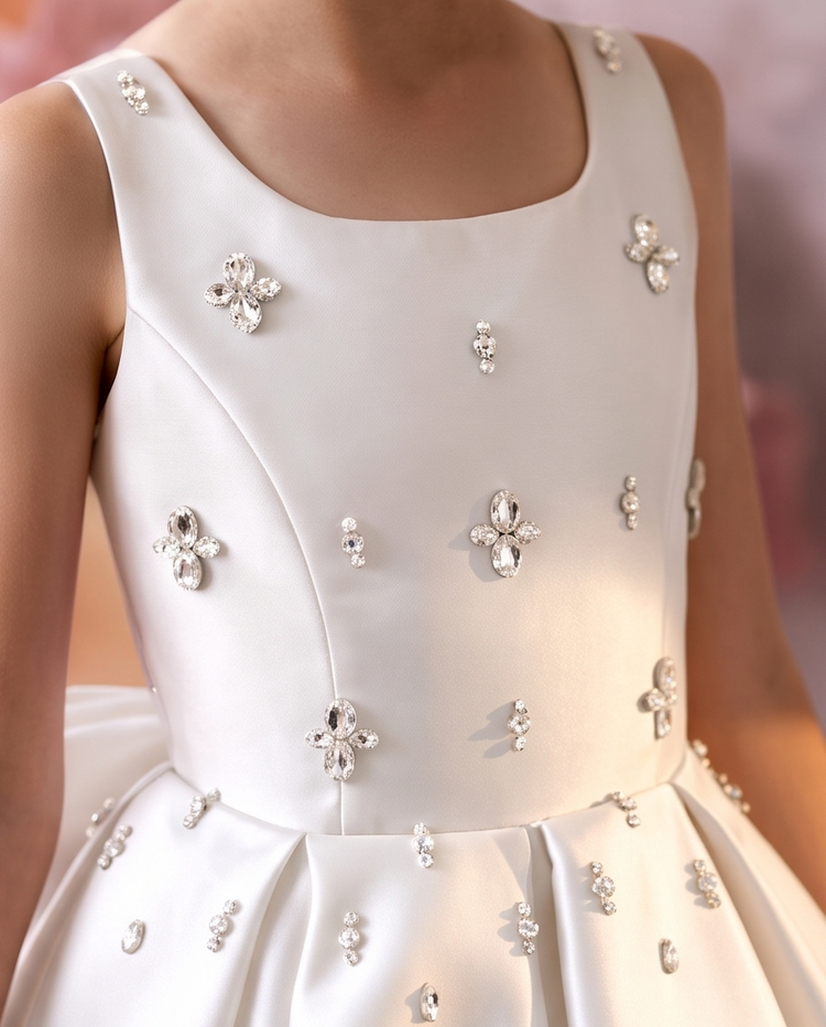 Girls Ivory Satin Crystal Cross Communion Dress - Crystal Cross Bodice Close Up