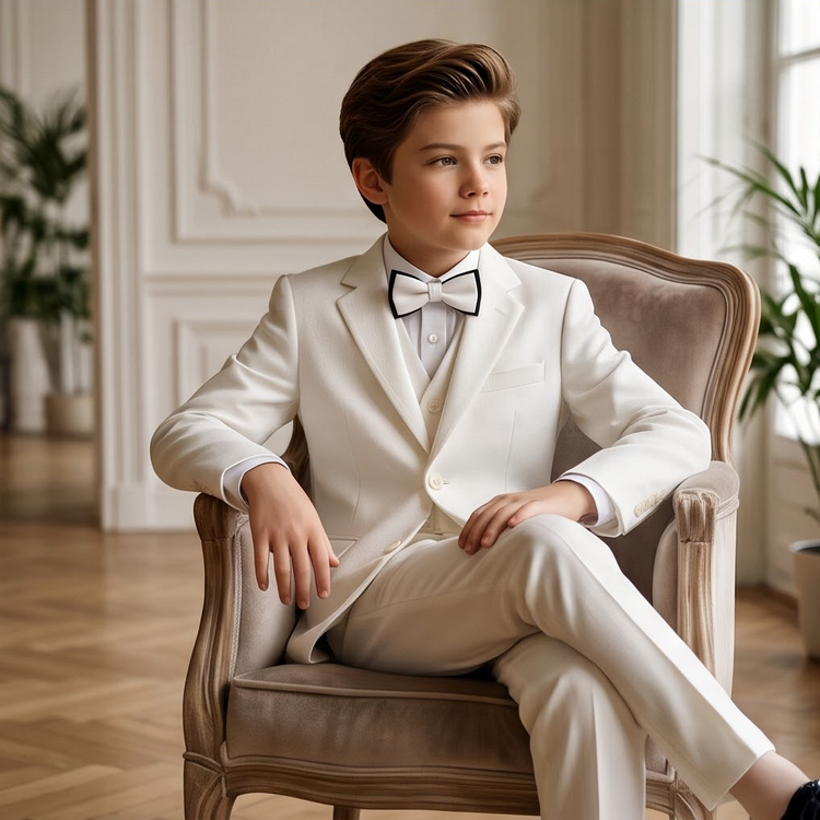 Boys’ white formal suit styled with a white shirt and black-edged white bow tie