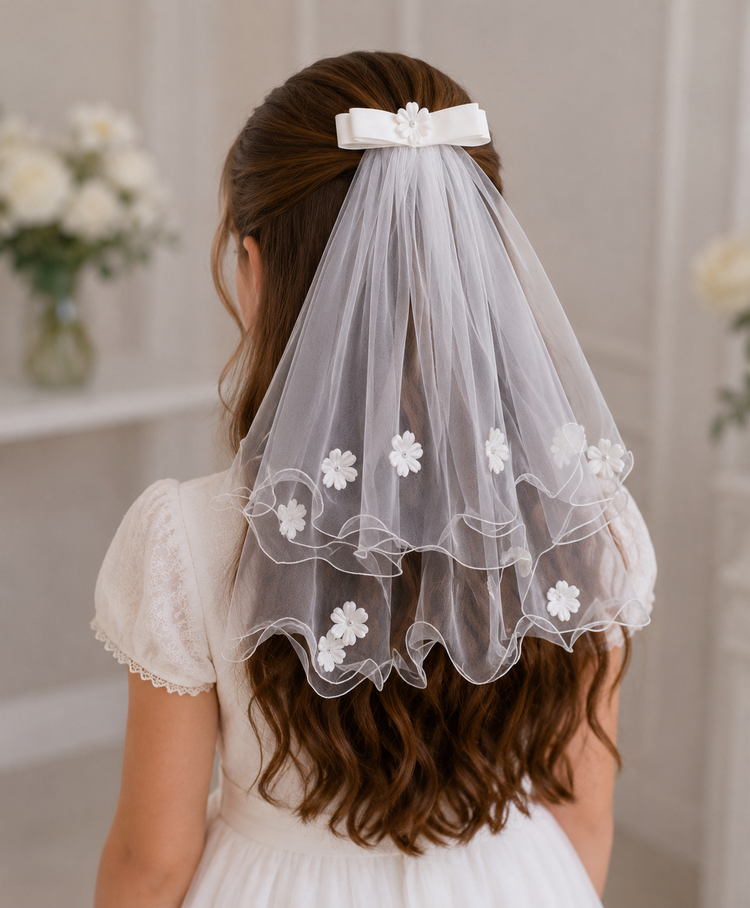 Young girl wearing a white veil with floral decorations in a softly blurred indoor setting.