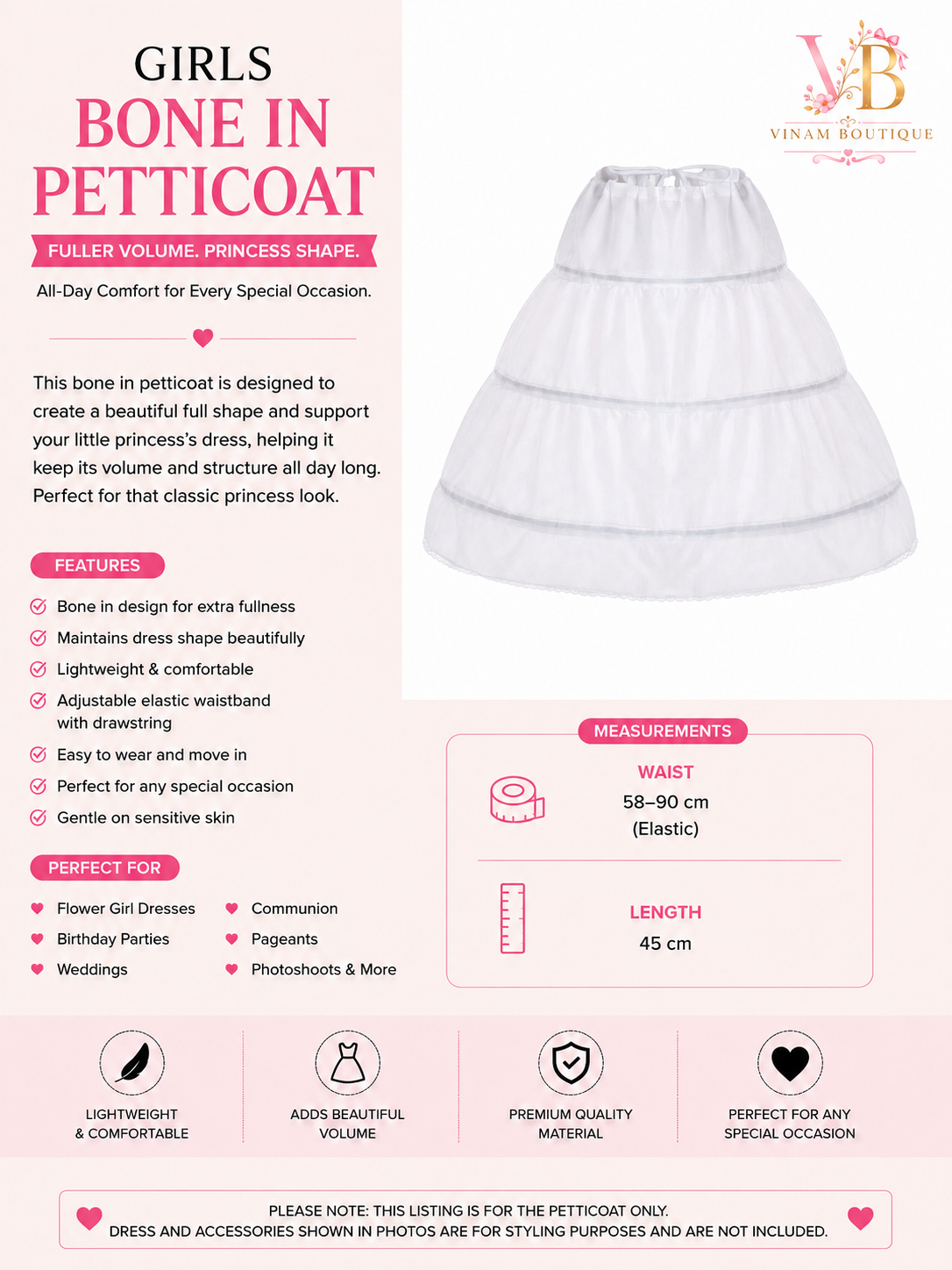 A product information card for a girls' petticoat from Vinam Boutique. The left side features pink and black text detailing the 'Girls Bone In Petticoat' features, measurements, and suitability, alongside a small illustration.